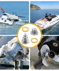 Collage of boats and 4 Pack Lower Unit Oil Drain Plugs For Outboard Gear Case With Three Eighths Inch By Sixteen Threads.