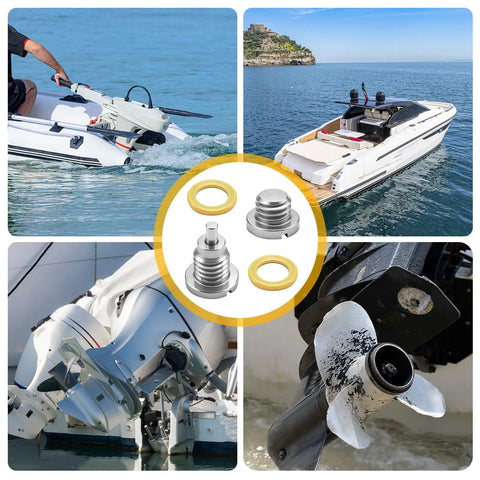 Collage of boats and 4 Pack Lower Unit Oil Drain Plugs For Outboard Gear Case With Three Eighths Inch By Sixteen Threads.