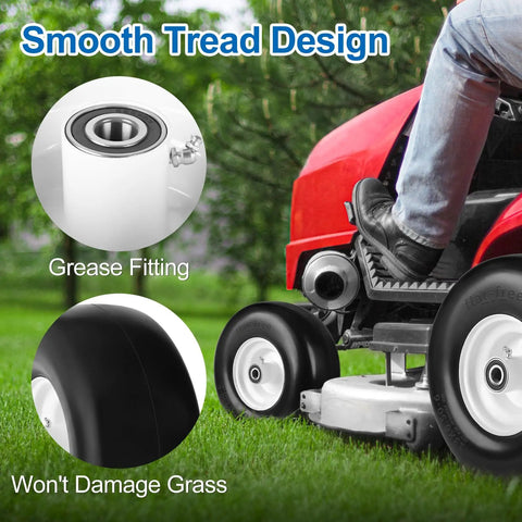 Front 13x6.50-6 Flat Free Mower Tires And Wheels For Zero Turn Mowers With Smooth Tread, close-up view installed on mower