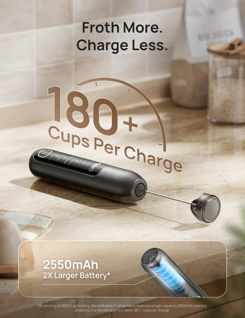 Handheld Milk Frother For Coffee Drinks Creates Silky Latte Art Foam In Minutes Quiet Electric Mixer Wand with 2550mAh battery on countertop.