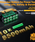 Heavy Duty 4 Pack 8.5Ah Replacement Battery Compatible With Dewalt 20V Max Power Tools showing lithium-ion cells with 8500mAh capacity.