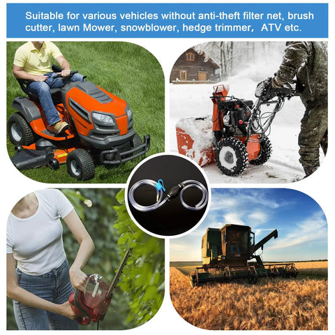 Collage of activities using Fast Action Quick Start Siphon Transfer Kit For Gasoline Diesel Water And More, including lawnmower and snowblower
