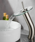 Brushed nickel Waterfall Glass Spout Bathroom Faucet With Single Handle Solid Brass Lavatory Vessel Sink Vanity Tap Designed Tall