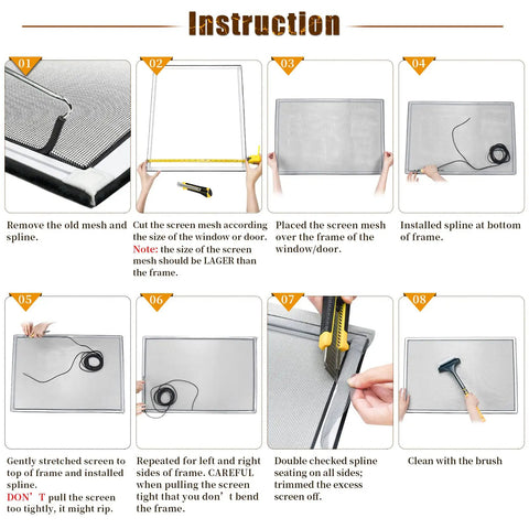 Instructional diagram showing installation steps for Adjustable 48 X 106 Fiberglass Window Screen Kit For Windows Doors And Patio DIY Pro Grade Replacement Mesh Pet Friendly Gray