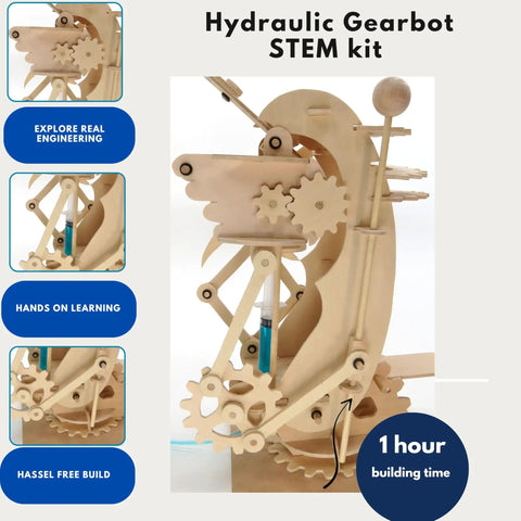 DIY Hydraulic Gearbot Kit: Wooden STEM Build With Gears, Levers And Launcher For Teens And Adults, side view