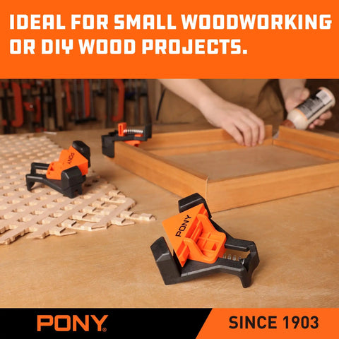 Four Pack Right Angle Woodworking Clamps with Adjustable Jaw in use for 90 degree corners on a wood project, keeping boards flat.