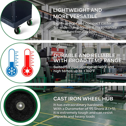 5-inch industrial caster wheel with black polyurethane tread and cast-iron center; green outer rim for carts and toolboxes.