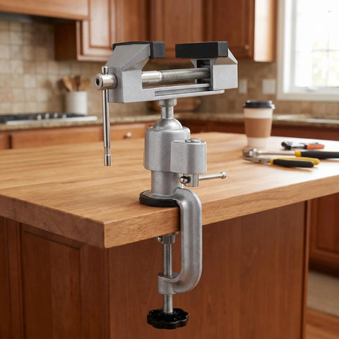 3 Inch Table Vise With Swivel And 360 Degree Tilt, Handy Workhorse Vise clamped on a wooden workbench, cast aluminum, steel jaws