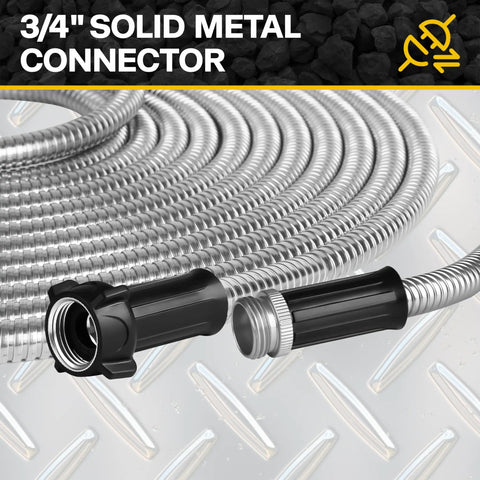 Built To Last Tough As Nails Stainless Steel Garden Hose 100 Feet With sprayer and nozzle showing 3/4 inch metal connector
