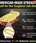 Straight Up Heavy Duty Endless Nylon Lifting Slings Made In Usa With A 1 Inch By 8 Feet Loop, showing yellow nylon sling.