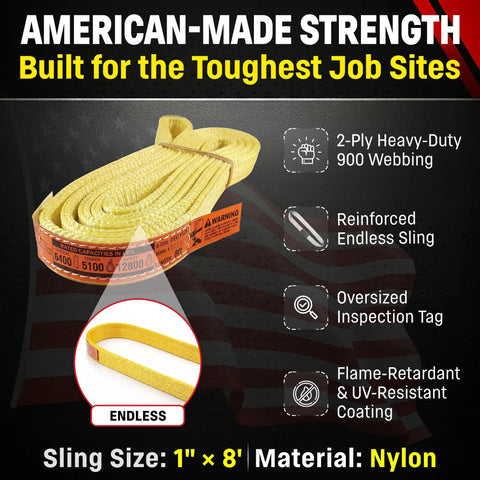 Straight Up Heavy Duty Endless Nylon Lifting Slings Made In Usa With A 1 Inch By 8 Feet Loop, showing yellow nylon sling.