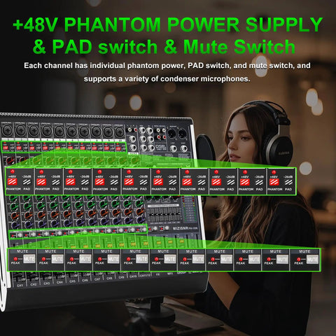 12 Channel Audio Mixer for Live DJing and Studio Use, 99 DSP Effects, 7 Band EQ, with +48V Power, Mute Button in use