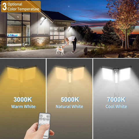 Outdoor Solar Light With Motion Sensor Three Modes And Three Color Temperatures Dusk To Dawn Or Motion Boost Weatherproof Easy Install Energy Saving Pathway Driveway Backyard Lighting demonstrating light variations and remote control.