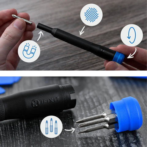 All In One Electronics Repair Kit With 16 Precision Bits And Magnetic Screwdriver showing knurled grip and bit installation.
