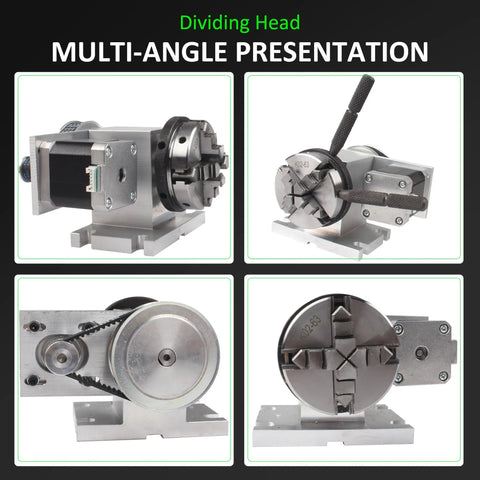 K12-65mm Rotary Table With 54mm Tailstock And 4 To 1 Reduction For CNC Router Engraver 4th Axis Includes K02-63mm 4 Jaw Chuck And Nema17 Stepper Motor in multi-angle view