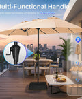13 Foot Outdoor Patio Umbrella With Base Included on deck, double sided beige canopy, for 2 to 6 seats, evening view