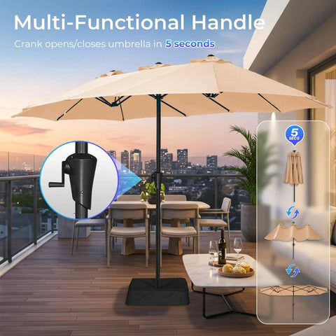 13 Foot Outdoor Patio Umbrella With Base Included on deck, double sided beige canopy, for 2 to 6 seats, evening view