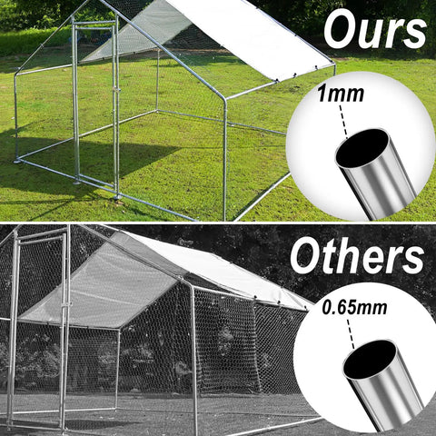 Comparison of a Heavy Duty Beefy Outdoor Chicken Coop With Metal Frame Large Poultry Pen Enclosure, 1mm pipe vs 0.65mm pipe thickness.