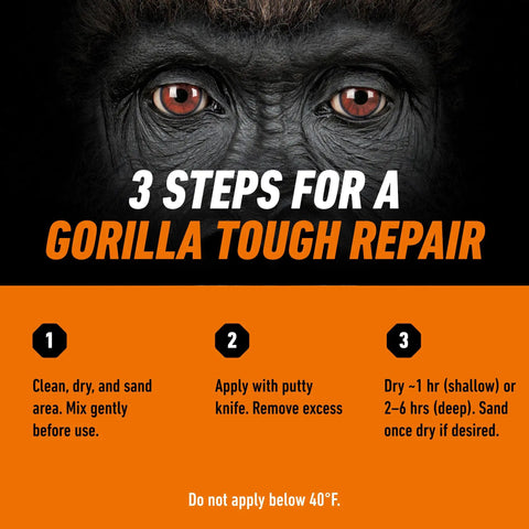 Close-up of a gorilla face with text: '3 Steps for a Gorilla Tough Repair' and repair instructions below.
