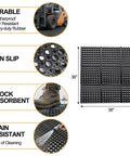 Anti Fatigue Rubber Floor Mat 36 x 36 Inch Interlocking Black Grippy Heavy Duty Anti Slip Kitchen Bar Floor Mat For Restaurant Wet Areas Bath Garage And Garden Use showing features like durability and non-slip.