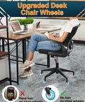 Person sitting on office chair with upgraded desk chair wheels, showing hair-free chair caster wheels on carpeted floor.