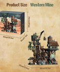Epic Gold Rush Mining Diorama Set With Motorized Ball Loop And Type C Powered Gear System, including size dimensions and packaging