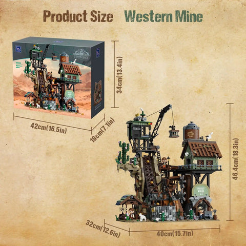Epic Gold Rush Mining Diorama Set With Motorized Ball Loop And Type C Powered Gear System, including size dimensions and packaging