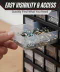 Hand pulling out a drawer from the 41 Drawer Plastic Tool Organizer Storage Bin with Drawers for Hardware Craft Beads Toys.