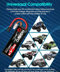 Beefy 7.4V 70C 6200mAh 2S LiPo Battery Hard Case With Traxxas Plug shown with RC vehicles compatibility chart.