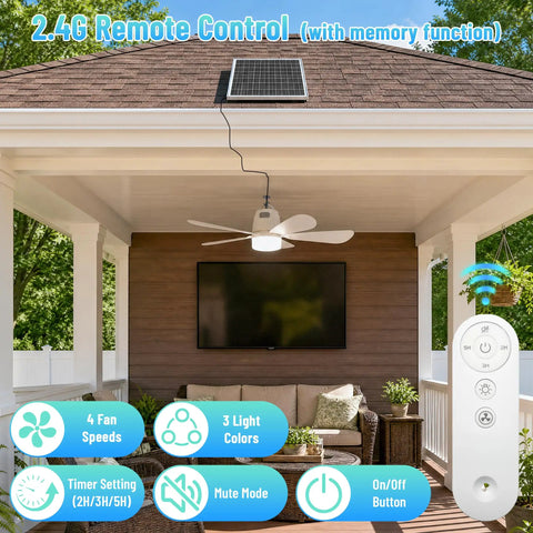 20 Inch Solar Ceiling Fan With 20000 Mah Battery And 30 Watt Panel Keeps Your Crew Chill On Hot Days Remote Control Dimmable Lights in patio