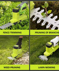 12V Cordless 2 In 1 Hedge Trimmer And Grass Shears for quick pruning, shown trimming, pruning, and edging in garden