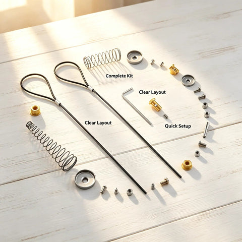 Heavy Duty Black Stainless Steel Gate Latch Cable Pull Kit With Spring Tension Adjustment display of complete kit components.