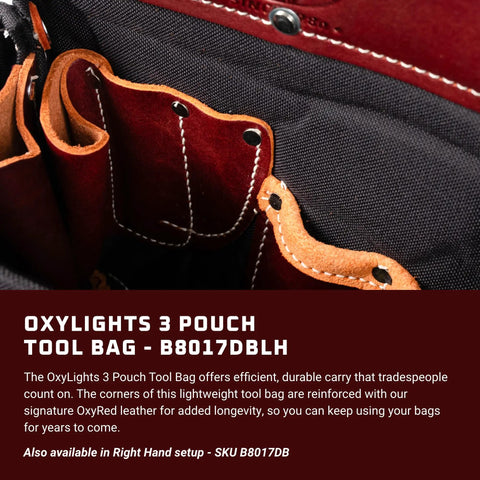 Close-up of OxyLights 3 Pouch Tool Bag for Left Hand in black showing durable pockets and leather reinforced corners.