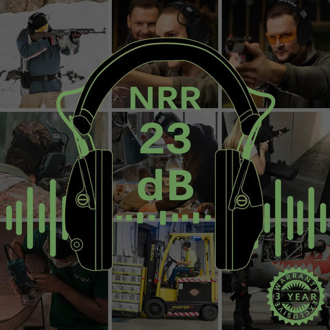 Collage of people using Electronic Ear Protection For Shooting With 4X Sound Amplification And Gun Range Hearing Muffs NRR 23dB