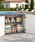 20 Cu Ft Outdoor Storage Cabinet With Adjustable Shelf And Lockable Doors, Weatherproof Resin Shed by pool, open with cushions inside