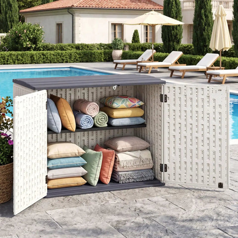 20 Cu Ft Outdoor Storage Cabinet With Adjustable Shelf And Lockable Doors, Weatherproof Resin Shed by pool, open with cushions inside