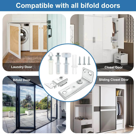 Illustration of Door Hardware Repair Kit 2 Pack For Bifold Sliding Closet Pocket and Barn Doors with various door applications shown