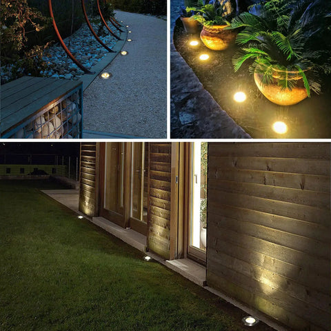 Low Voltage Landscape Lighting Kit For Outdoors, 12 Pack 7W Ground Lights With 24 Connectors installed along pathways and garden