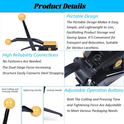 Heavy Duty Stainless Steel Strapping Tool Manual Belt Bundler For 13 To 19mm Metal Strap Packers with portable design and adjustable handles.