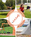 Collage showing uses for Heavy Duty Screw In Ground Anchors Kit with Metal Spiral Earth Stakes for swings, trampoline, tent, and dog tie-out.