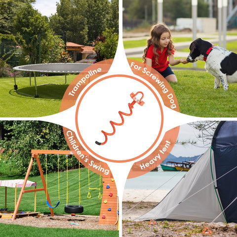 Collage showing uses for Heavy Duty Screw In Ground Anchors Kit with Metal Spiral Earth Stakes for swings, trampoline, tent, and dog tie-out.