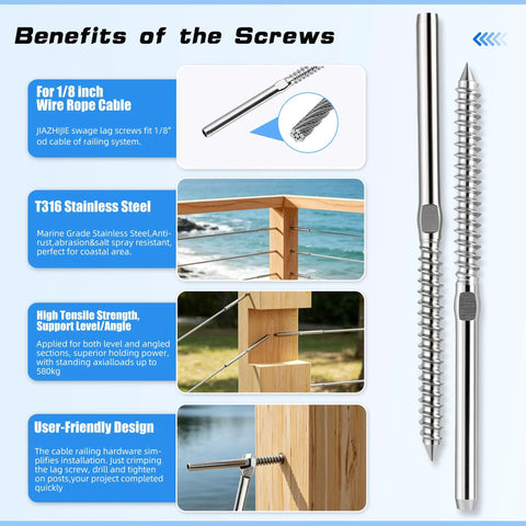 80 Pack T316 Stainless Steel Left And Right Handed Swage Lag Screws for Wood Posts DIY Baluster Hardware Kit cable railing