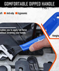 Go-To Three Piece Adjustable Wrench Set With 6, 8, 10 Inch Wide Jaw Wrenches in use with a blue handle and hanging hole feature.
