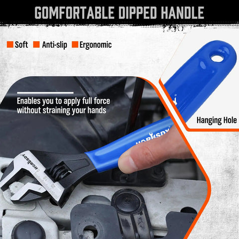 Go-To Three Piece Adjustable Wrench Set With 6, 8, 10 Inch Wide Jaw Wrenches in use with a blue handle and hanging hole feature.
