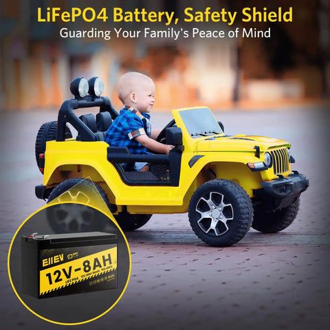 Child in a toy car with an inset of the 12V 8Ah LiFePO4 Battery With Built In 5A BMS For Deep Cycle Power, 4000 Cycles, Rechargeable Pack.