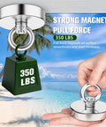 Neodymium Fishing Magnet 350 Lb Pull With Countersunk Hole Eyebolt displayed strong magnetic force at beach scene