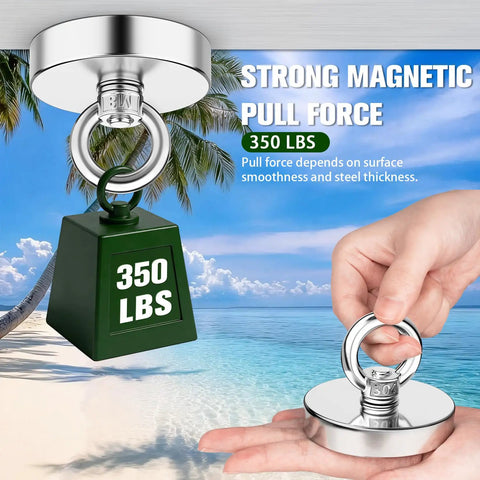Neodymium Fishing Magnet 350 Lb Pull With Countersunk Hole Eyebolt displayed strong magnetic force at beach scene