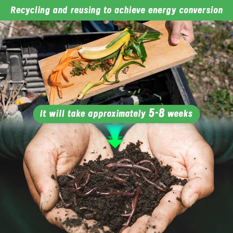 Hands holding worms and compost with a chopping board of vegetable scraps, illustrating recycling in a Metal Worm Compost Bin Set.