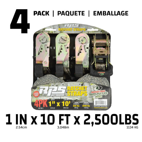 Mossy Oak Camo Ratchet Tie Down Straps One Inch Wide By Ten Feet Long Four Pack with steel hooks and handles
