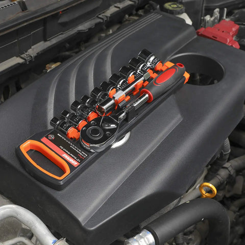 One Half Inch Drive Ratchet Socket Set With Ten Sockets From Ten Through Fifteen Seventeen Nineteen Twenty Two Twenty Four Millimeter Plus Two Way Quick Release Ratchet Handle And Extension Bar Chrome Vanadium Steel Built For Durability displayed on engine